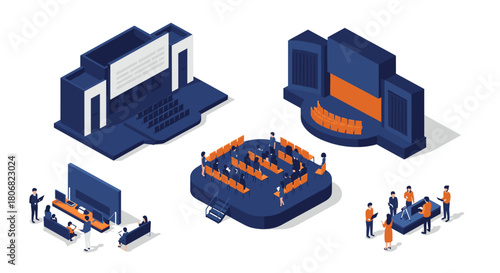 Isometric conference room designs with diverse meeting layouts
