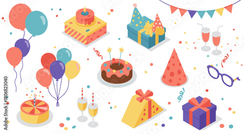 Colorful birthday celebration elements in isometric style for festive designs