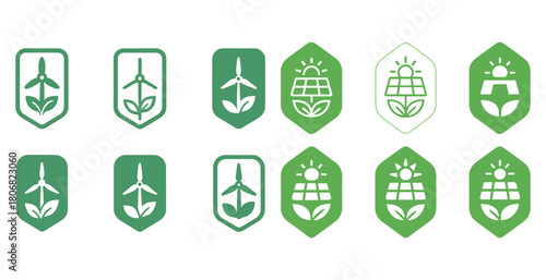 Green energy icons: wind turbine and solar panel symbols in eco-friendly design