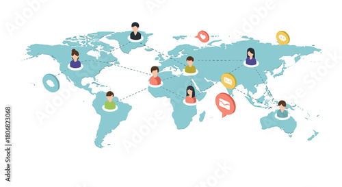 Global communication connections with people icons on world map