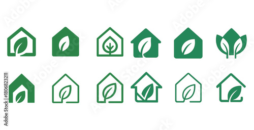 Eco-friendly home icons featuring green leaves in various house designs