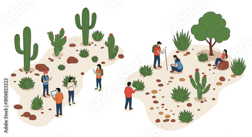 Isometric desert exploration with people and cacti in outdoor landscape