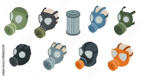 Diverse gas masks collection in modern isometric style for safety and protection