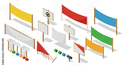 Isometric blank billboards and colorful banners with supports and weights for advertising displays