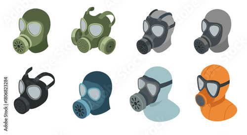 Colorful isometric gas masks collection for safety and design