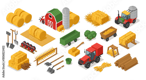 Isometric farm tools and machinery set with hay bales and tractors