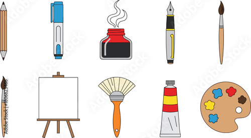 Cad drawing flat vector illustration, art tools collection, writing instruments, painting supplies, creative design elements, digital artist essentials