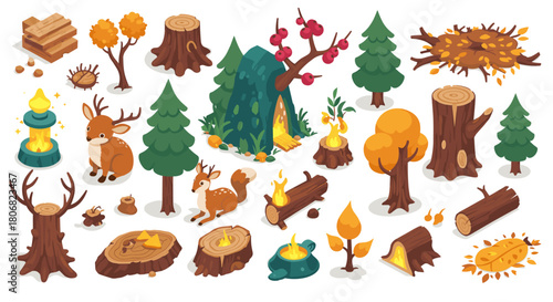 Autumn forest elements: trees, stumps, firepit, animals in flat style