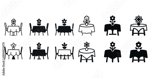 Black and white table and chair set with flower centerpieces icons