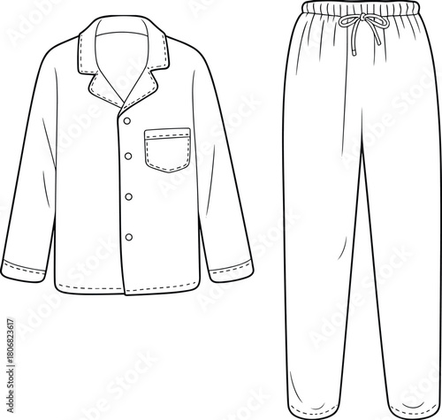 Cad drawing flat vector illustration, pajama set sketch, long sleeve shirt, drawstring pants, sleepwear fashion, garment template, clothing outline