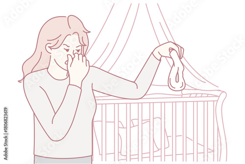 Unhappy young mother close nose feeling disgust holding stinky baby diaper. Distressed mom disgusted with smelly child diaper. Vector illustration.