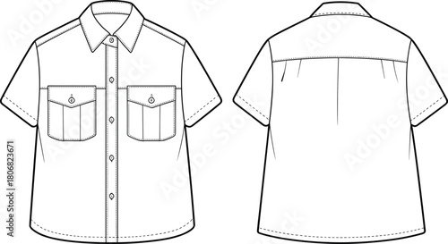 Cad drawing flat vector illustration, short sleeve shirt sketch, button up design, flap pocket detail, front back view