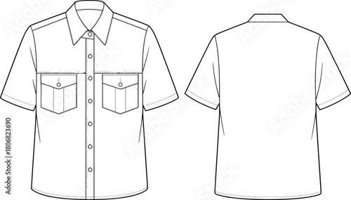 Cad drawing flat vector illustration, short sleeve shirt sketch, button up design, front back view, fashion garment template