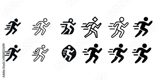 Set of diverse running icons illustrating motion and speed