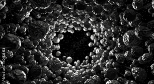 Fototapeta Naklejka Na Ścianę i Meble -  black and gray background - Monochrome tunnel of textured spheres spiraling toward a distant void, granular surfaces catching light and shadow, creating depth, contrast and abstract cosmic corridor