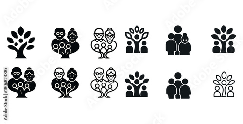 Family tree icons set representing generations and relationships