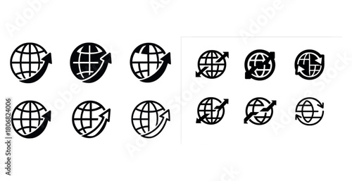 Set of globe icons with arrows in various styles and directions