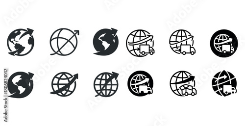 Global logistics and delivery icons set featuring earth, arrows, and trucks