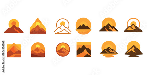 Collection of minimalist mountain and sun icons in various styles and colors