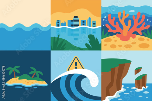Seaside disaster collage, stormy sea panels, city shoreline flood, coral reef stress, island wave risk alert