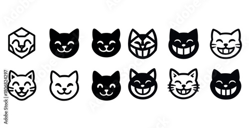 Various cat smile icons in black and white vector set