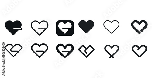 Collection of 12 minimalist black heart and arrow icons in various geometric designs