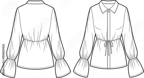 Cad drawing flat vector illustration, women blouse sketch, puff sleeve shirt, drawstring waist, fashion design, garment construction template