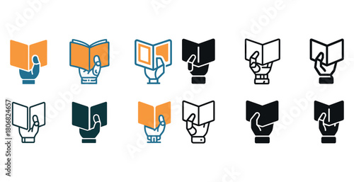Diverse book and hand icons in various styles and colors