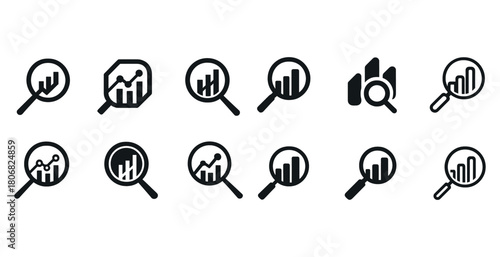 Magnifying glass icons with graphs depicting data analysis and growth