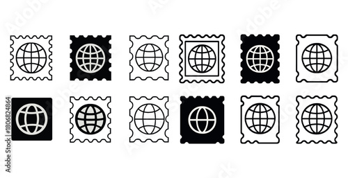 Set of internet globe icons in postage stamp frames with black and white variations