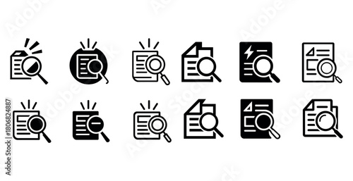 Magnifying glass icons set for document analysis and search visualization