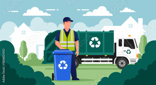 A sanitation worker in uniform stands with a blue recycling bin next to a garbage truck for waste collection in a suburban neighborhood vector illustration