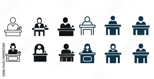 Various styles of judge and lawyer icons in monochrome and colored variations