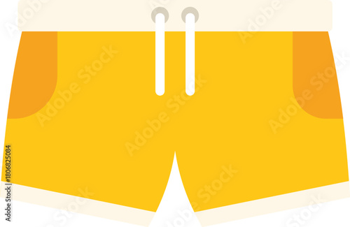 Yellow summer shorts with white drawstrings presenting casual clothing item for beach season, isolated illustration on white background