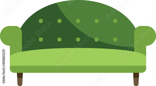 Green sofa with wooden legs standing on white background representing furniture and interior design concepts