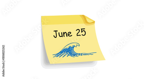 Reminder of summer solstice event on june 25th, marked with a wave on a yellow sticky note