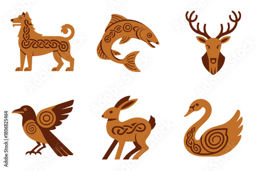 Folk art woodland and aquatic animals, stylized horse, dolphin, deer, crow, hare, swan, decorative vector illustration
