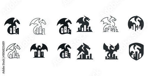 Dragon logos: diverse iconic cityscape silhouettes