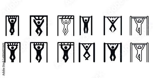 Silhouette figures performing exercises on horizontal bar icons set