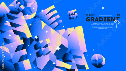 Realistic 3D vector shapes with gradient colors, flying abstract postmodern geometric volumetric different shapes in motion, Gradient brutal contemporary figure, blue background