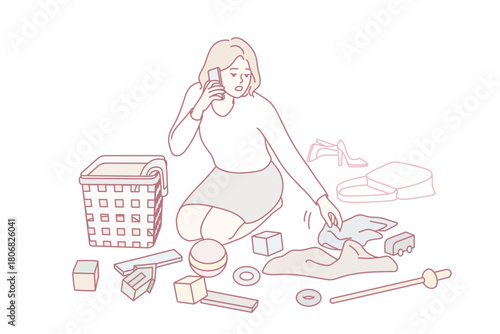 Young mother cleaning children room talking on cellphone. Mom tidy kids clothes on floor speaking on phone. Vector illustration.