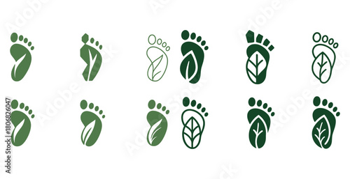 Set of eco-friendly footprint icons with leaf patterns in various green shades