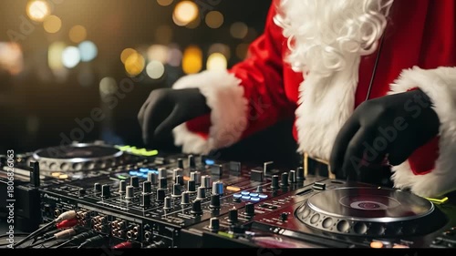 Santa Claus DJing and mixing music at a vibrant Christmas party, creating an upbeat and festive atmosphere with modern electronic equipment and warm bokeh lights for holiday celebration