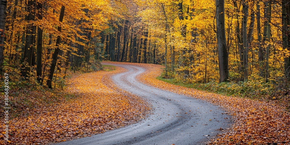 Fototapeta premium A winding road through a forest with autumn leaves, leading towards a distant point of interest.