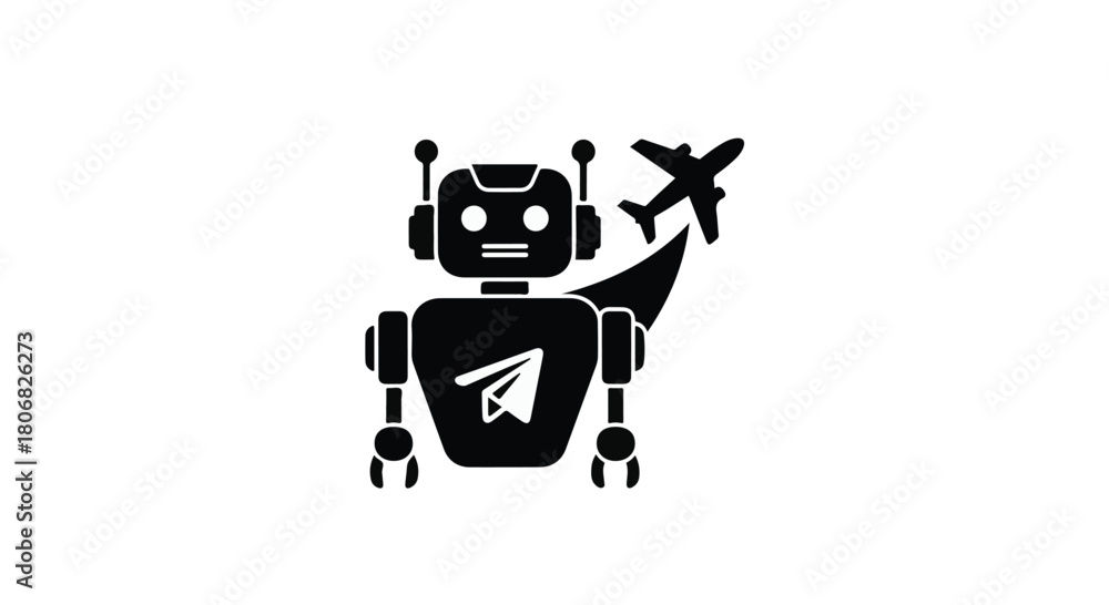 Fototapeta premium Futuristic robot with airplane and paper plane suggests automated travel and innovation