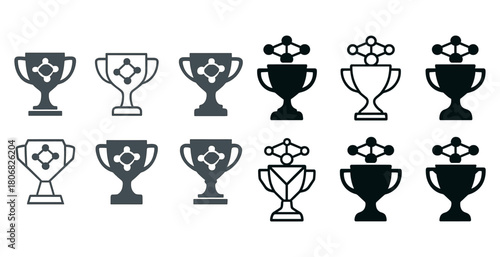 Collection of trophy icons with gear symbol in various styles and shades