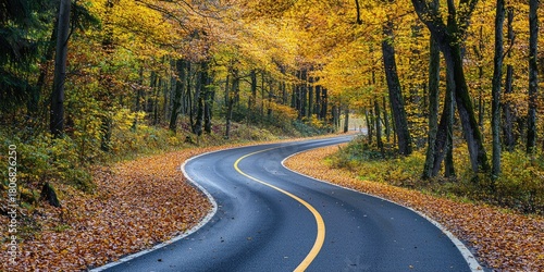 A winding road through a forest with autumn leaves, featuring a yellow line marking the path and a clear blue sky above.