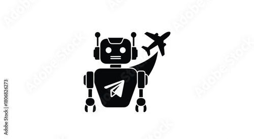 Futuristic robot with airplane and paper plane suggests automated travel and innovation