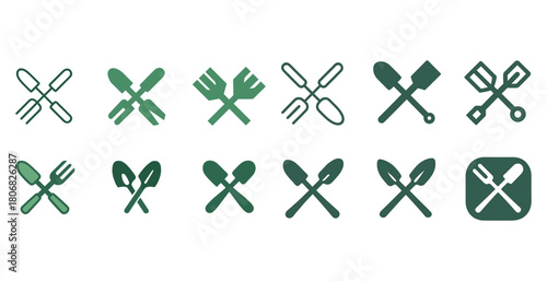 Collection of green garden tool icons featuring spade and fork designs