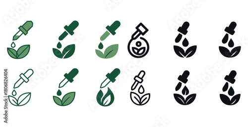 Set of dropper and leaf icons in various styles and colors